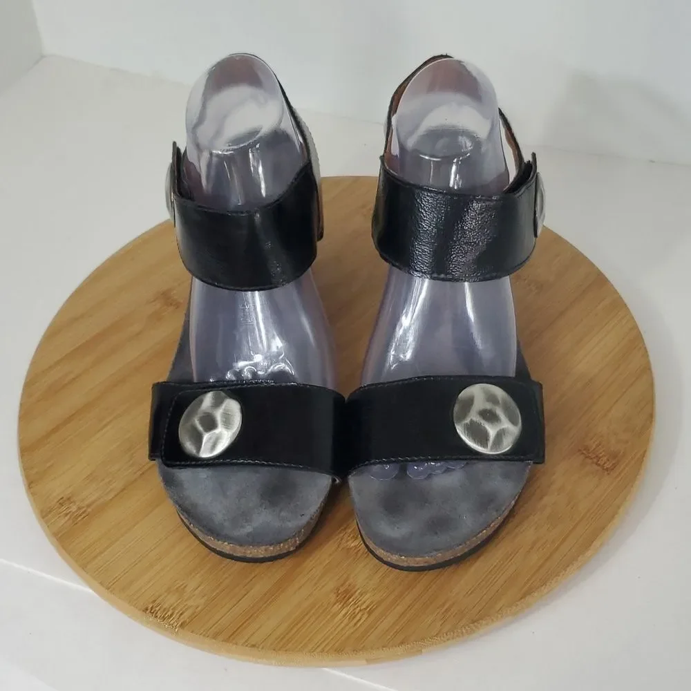 Taos Carousel 2 Black Patent Leather Wedge Sandals with Silver Accents EU 41
